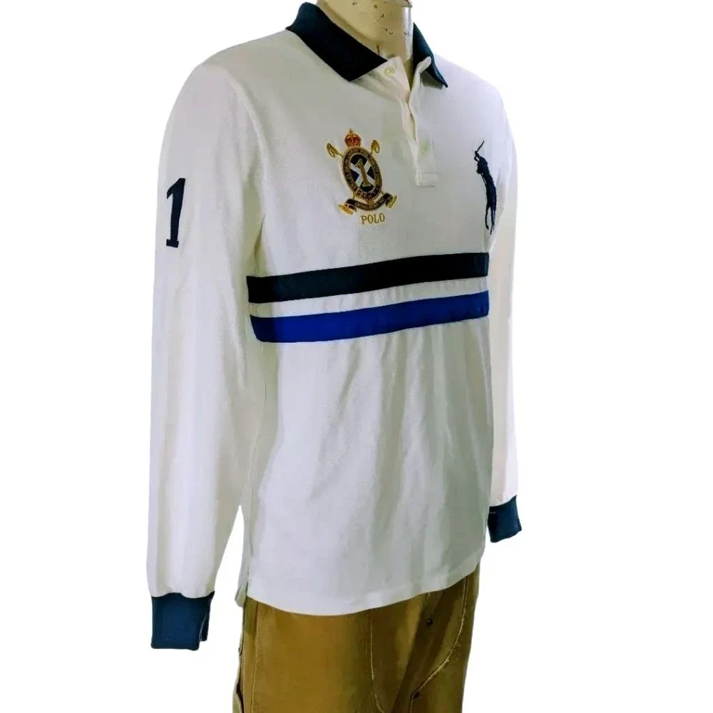 Polo Ralph Lauren Big Pony Crest Stripe Rugby Shirt Men Sz L Custom Slim Fit EUC